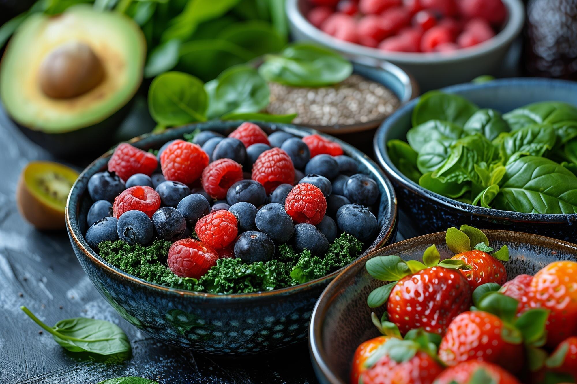 Colourful display of fresh blueberries, raspberries, and leafy greens on a rustic kitchen table in morning light