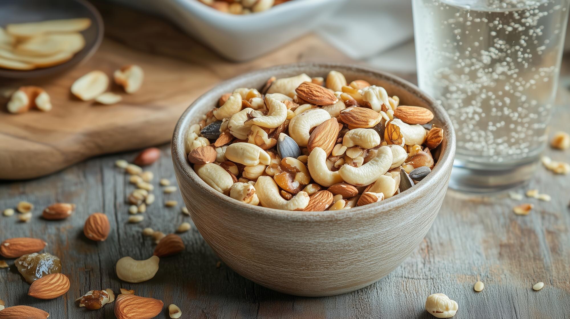 A bowl of mixed nuts including walnuts, almonds, and cashews on a wooden table, with additional nuts scattered around