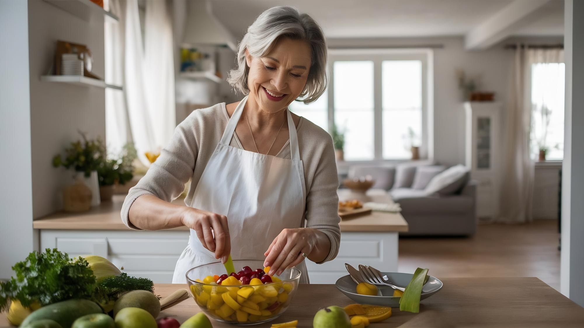 A mature woman smiling as she prepares a colourful salad with fresh vegetables and fruit in a bright kitchen