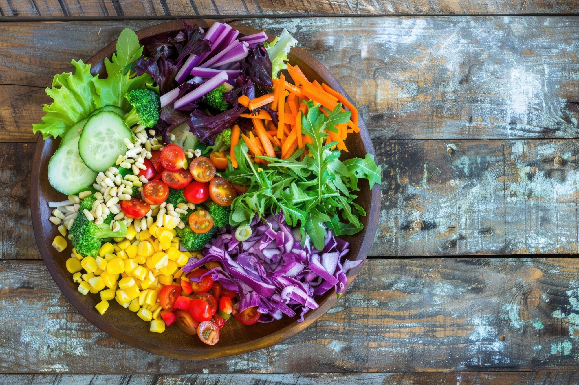 A colourful salad with a wide variety of vegetables including kale, red cabbage, carrots and greens