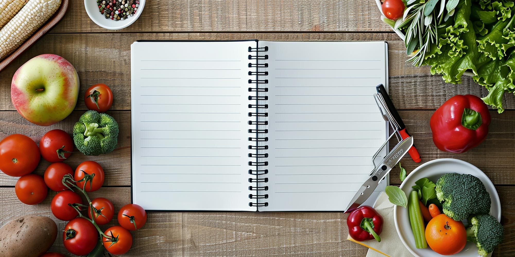An open food journal and pen on a white background, used for tracking meals and digestive responses during the reintroduction phase of a structured dietary protocol
