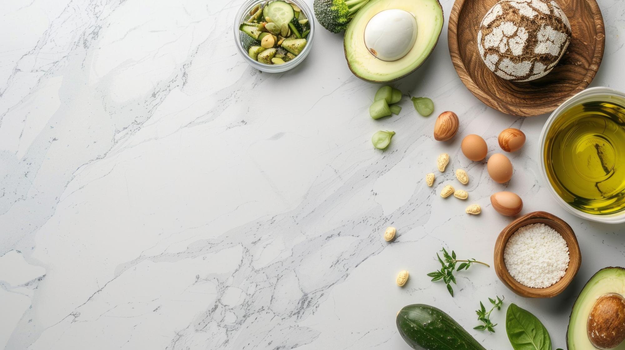 Assortment of fresh whole-food ingredients including avocado, cucumber, broccoli, eggs and herbs arranged on a marble countertop